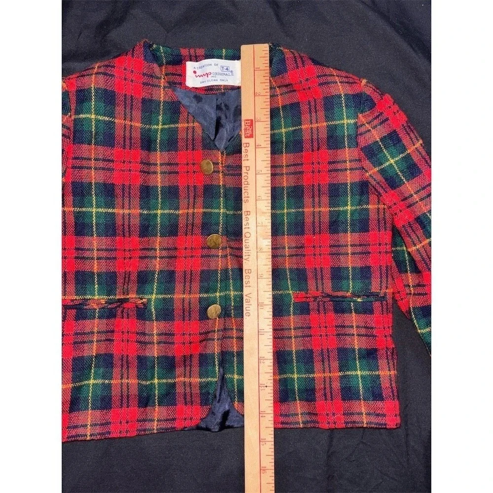 Imp Originals Vintage Girls Red Plaid Tartan Blazer Jacket Size 4 Holiday Gold